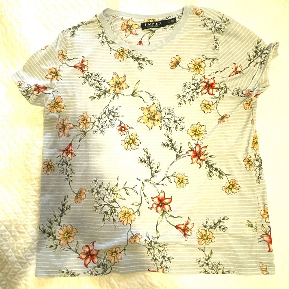 Ralph Lauren, Light Blue W/Floral Pattern & Very Short Sleeves, Size XL